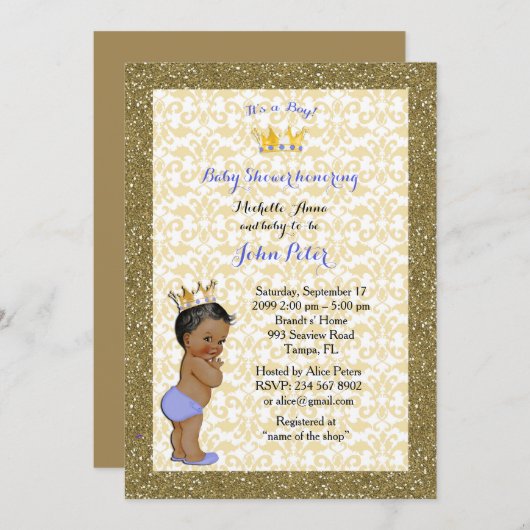赤ちゃんシャワー男の子、金色のフレーム、白と金ゴールド。 招待状 (正面/裏面)