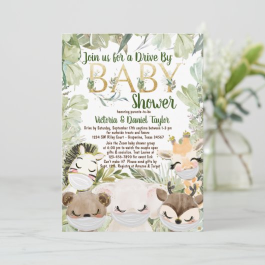 赤ちゃんシャワー男女兼用マスク付き動物 招待状 (スタンド正面)