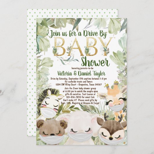 赤ちゃんシャワー男女兼用マスク付き動物 招待状 (正面/裏面)