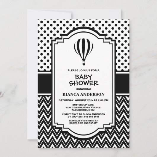 赤ちゃんシャワー白黒ホットエアバルーン 招待状 (正面)