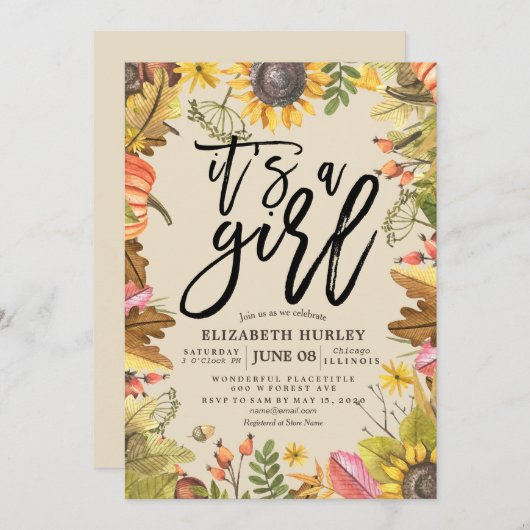 赤ちゃんシャワー秋のメープル葉ズカボチャひまわり 招待状 (正面/裏面)