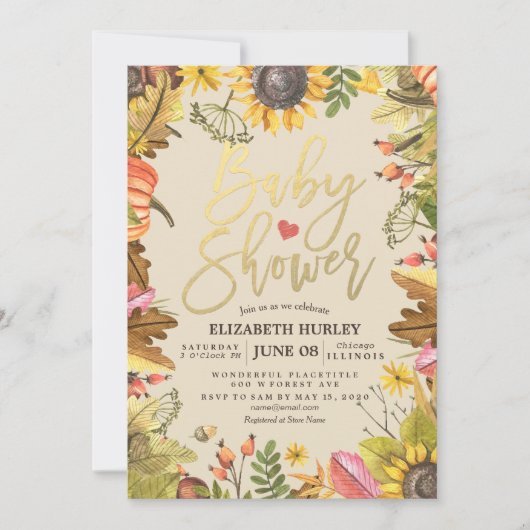 赤ちゃんシャワー秋のメープル葉ズカボチャひまわり 招待状 (正面)