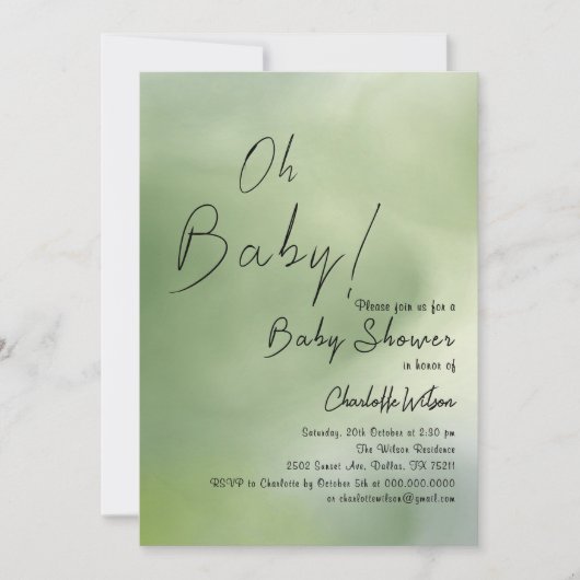 赤ちゃんシャワー緑の水彩背景 招待状 (正面)
