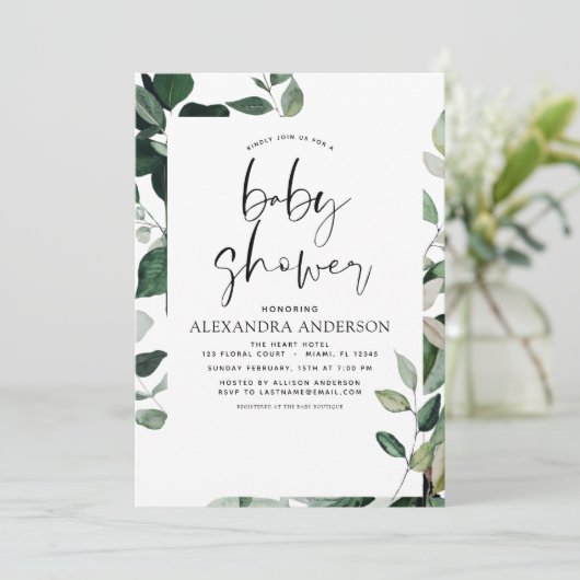 赤ちゃんシャワー緑モダン植物 招待状 (スタンド正面)