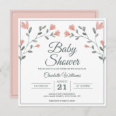 赤ちゃんシャワー繊細な花ピンク&セージ緑 招待状 (正面/裏面)