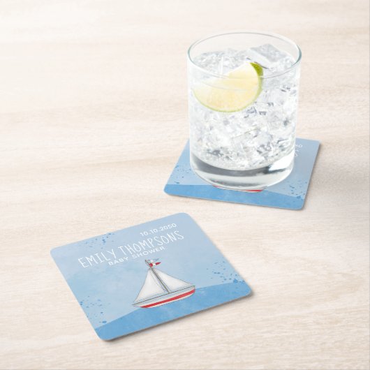 赤ちゃんシャワー航海の水彩船お洒落 スクエアペーパーコースター (インサイチュ)