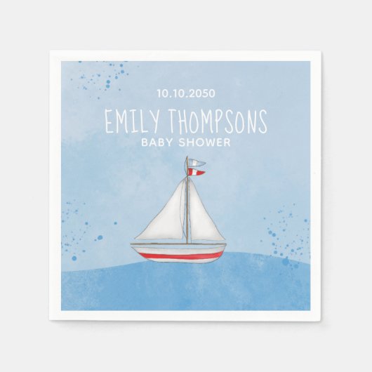 赤ちゃんシャワー航海の水彩船お洒落 スタンダードカクテルナプキン (正面)