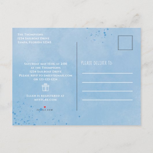 赤ちゃんシャワー船アホイそれは男の子ギフトレジストリである インビテーションポストカード (裏面)