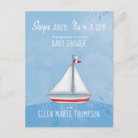 赤ちゃんシャワー船アホイそれは男の子ギフトレジストリである インビテーションポストカード (正面)