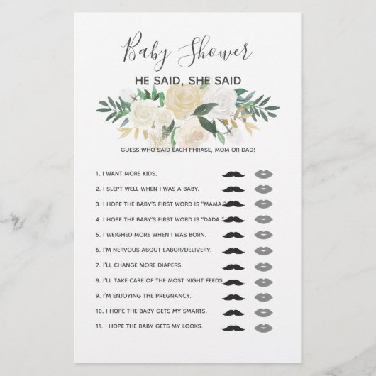 赤ちゃんシャワー花ゲーム – 彼は彼女が言った (正面)
