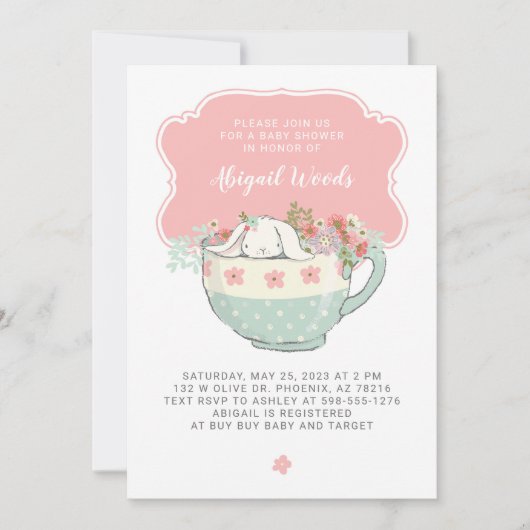 赤ちゃんシャワー茶パーティー白うさぎ 招待状 (正面)