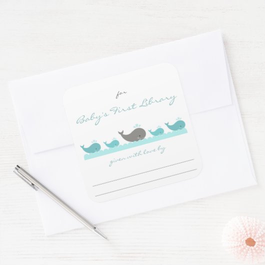 赤ちゃんシャワー蔵書票/ターコイズ鯨 スクエアシール (封筒)