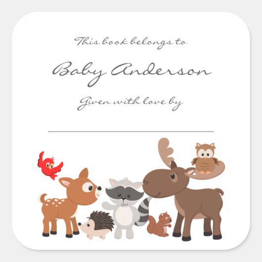赤ちゃんシャワー蔵書票/森林動物 スクエアシール (正面)