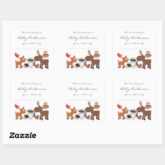 赤ちゃんシャワー蔵書票/森林動物 スクエアシール (シート)