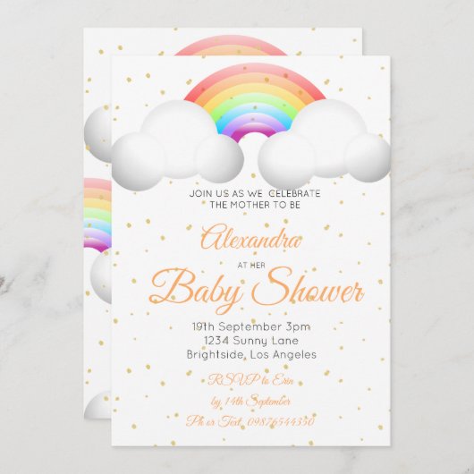 赤ちゃんシャワー虹の雲カラフル金ゴールドスポット 招待状 (正面/裏面)