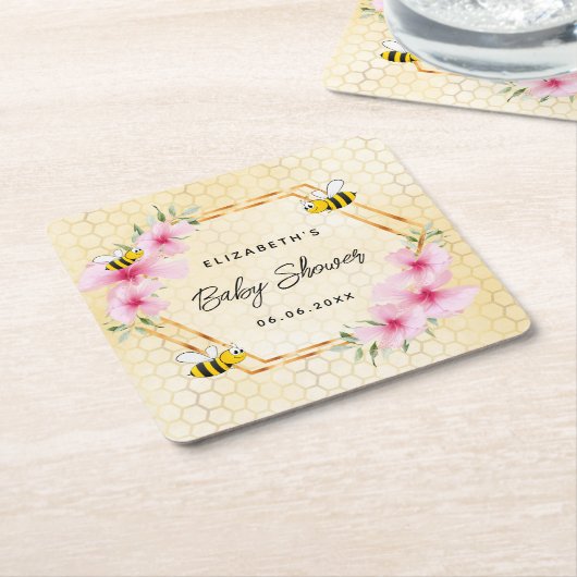 赤ちゃんシャワー蜂ハニカムピンクの花 スクエアペーパーコースター (アングル)