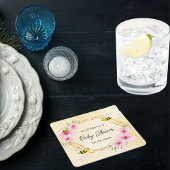 赤ちゃんシャワー蜂ハニカムピンクの花 スクエアペーパーコースター