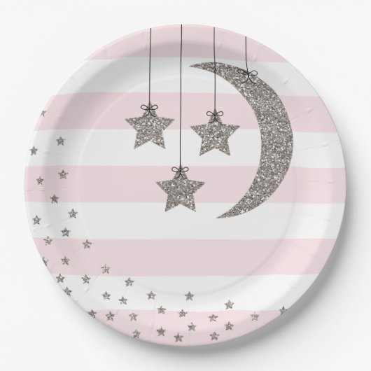 赤ちゃんシャワー装飾赤面ピンクシルバーグリッター ペーパープレート (正面)