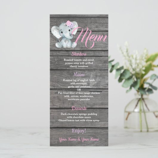 赤ちゃんシャワー誕生日のガールエレファントメニューカード メニュー (スタンド正面)