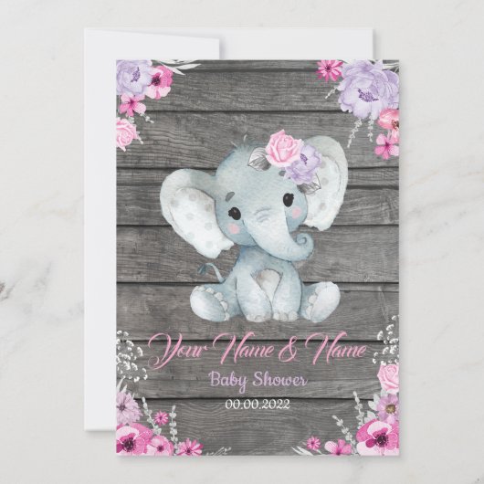 赤ちゃんシャワー誕生日のガールエレファントメニューカード 招待状 (裏面)