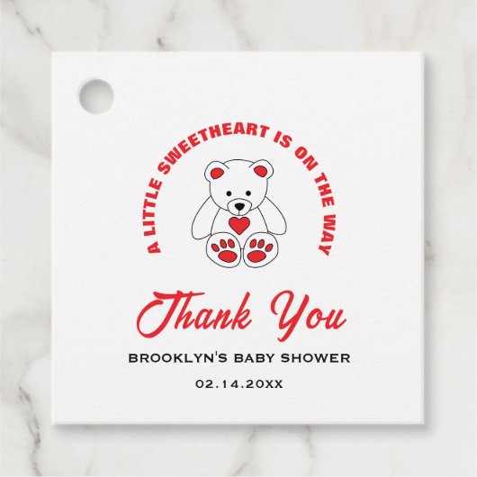 赤ちゃんシャワー赤い白テディベア小さな恋人 フェイバータグ (正面)