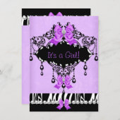 赤ちゃんシャワー赤ちゃん女の子パープルピンクゼブラボウ 招待状 (正面/裏面)