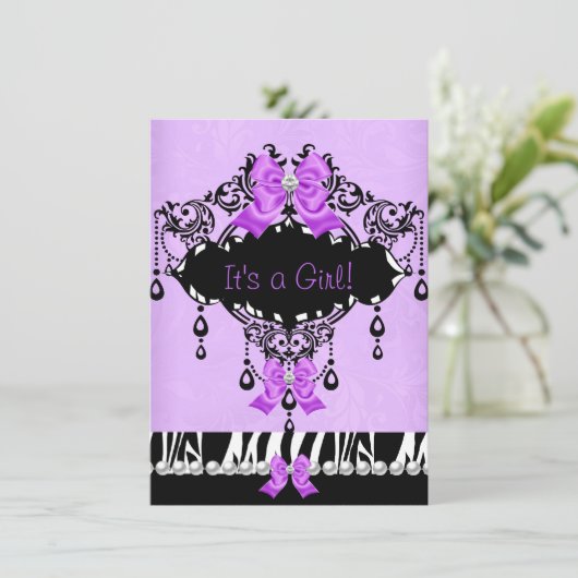 赤ちゃんシャワー赤ちゃん女の子パープルピンクゼブラボウ 招待状 (スタンド正面)