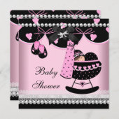 赤ちゃんシャワー赤ちゃん女の子ピンクブラックパールレース 招待状 (正面/裏面)