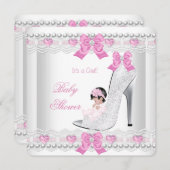 赤ちゃんシャワー赤ちゃん女の子ピンクホワイトレースハート靴 招待状 (正面/裏面)