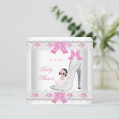 赤ちゃんシャワー赤ちゃん女の子ピンクホワイトレースハート靴 招待状 (スタンド正面)