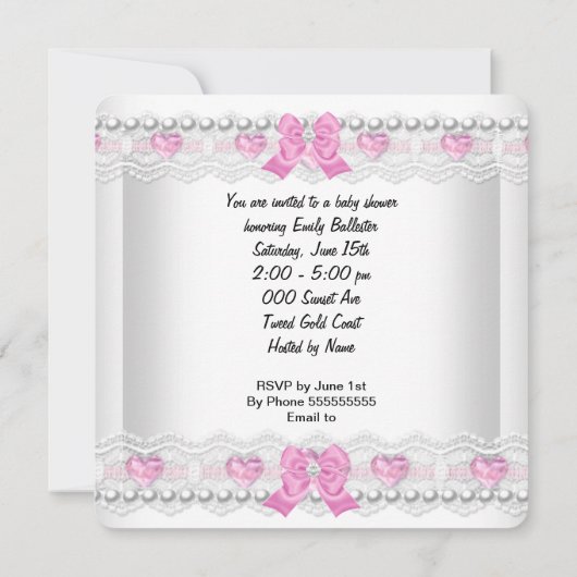 赤ちゃんシャワー赤ちゃん女の子ピンクホワイトレースハート靴 招待状 (裏面)