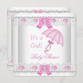 赤ちゃんシャワー赤ちゃん女の子ピンクホワイトレース傘 招待状 (正面/裏面)