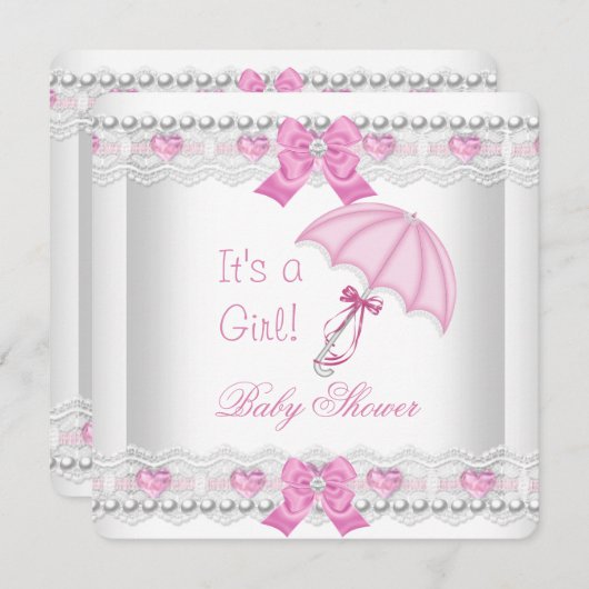 赤ちゃんシャワー赤ちゃん女の子ピンクホワイトレース傘 招待状 (正面/裏面)