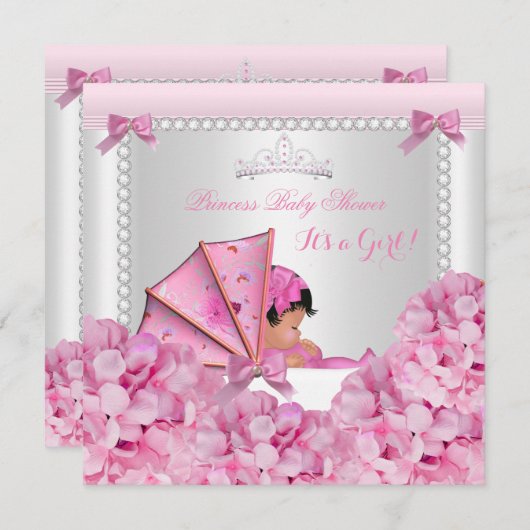 赤ちゃんシャワー赤ちゃん女の子ピンクPramアフリカ系アメリカ人 招待状 (正面/裏面)