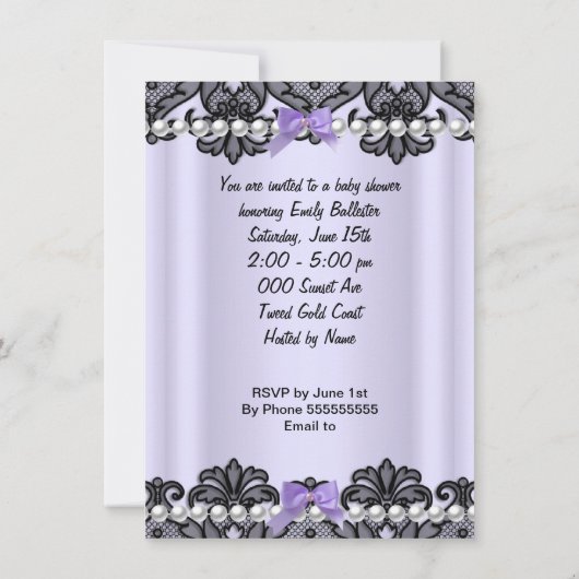 赤ちゃんシャワー赤ちゃん女の子ラベンダーパープルブラックレース 招待状 (裏面)