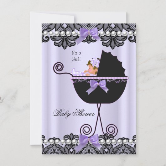 赤ちゃんシャワー赤ちゃん女の子ラベンダーパープルブラックレース 招待状 (正面)