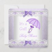 赤ちゃんシャワー赤ちゃん女の子ラベンダーホワイト傘 招待状 (正面)