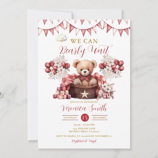 赤ちゃんシャワー赤フローラ風船を待つことができる 招待状 (正面)