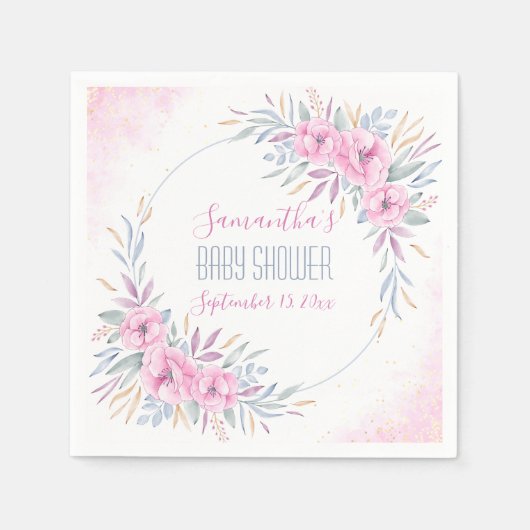 赤ちゃんシャワー赤面ピンクの花水色エレガント スタンダードカクテルナプキン (正面)
