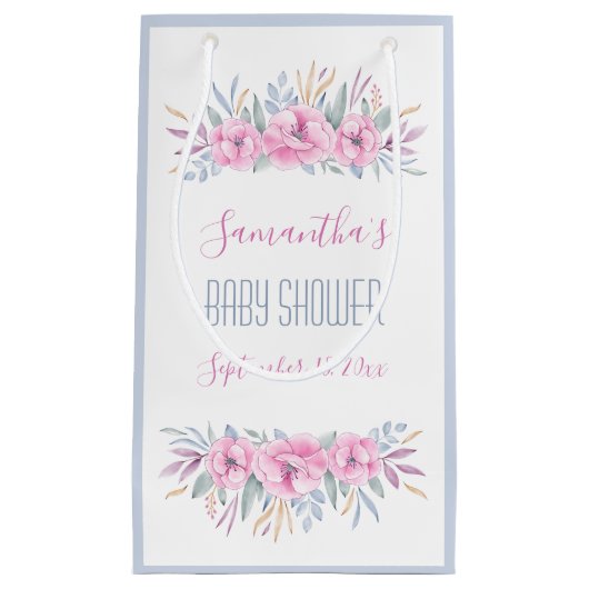 赤ちゃんシャワー赤面ピンクの花水色エレガント スモールペーパーバッグ (正面)