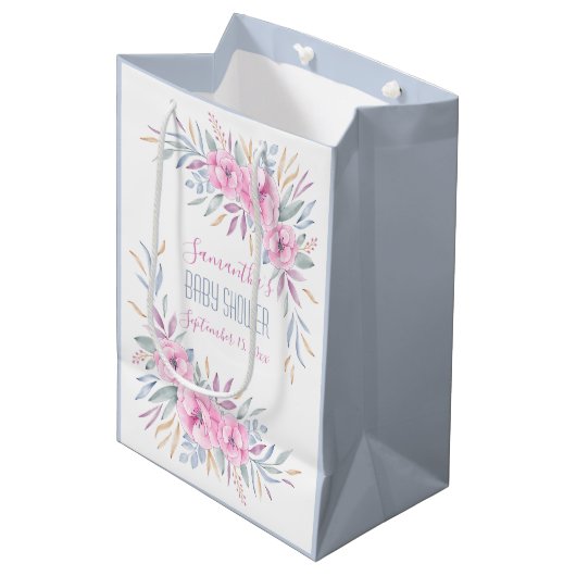 赤ちゃんシャワー赤面ピンクの花水色ボホ ミディアムペーパーバッグ (正面アングル)