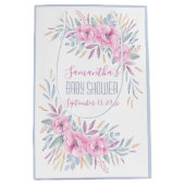 赤ちゃんシャワー赤面ピンクの花水色ボホ ミディアムペーパーバッグ (正面)