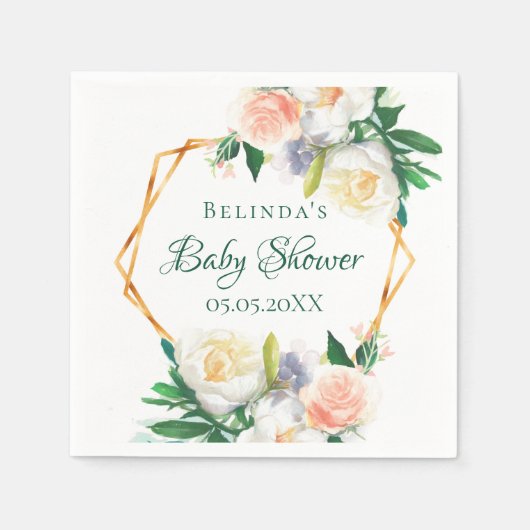 赤ちゃんシャワー赤面ピンクフローラ幾何学的モノグラム スタンダードカクテルナプキン (正面)