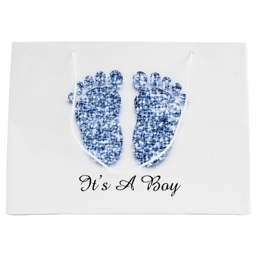 赤ちゃんシャワー足それがボーイブルーネイビーホワイトである ラージペーパーバッグ (正面)