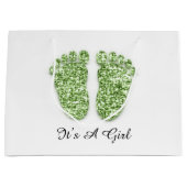 赤ちゃんシャワー足それが男の子の女の子グリーンホワイト ラージペーパーバッグ (正面)