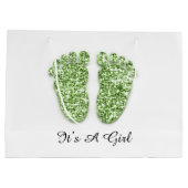 赤ちゃんシャワー足それが男の子の女の子グリーンホワイト ラージペーパーバッグ (裏面)