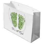 赤ちゃんシャワー足それが男の子の女の子グリーンホワイト ラージペーパーバッグ (裏面アングル)