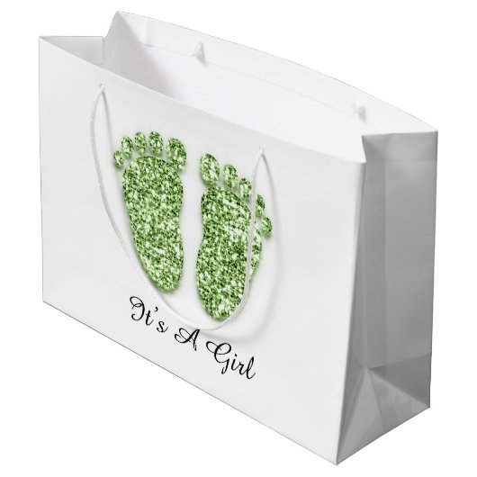 赤ちゃんシャワー足それが男の子の女の子グリーンホワイト ラージペーパーバッグ (裏面アングル)