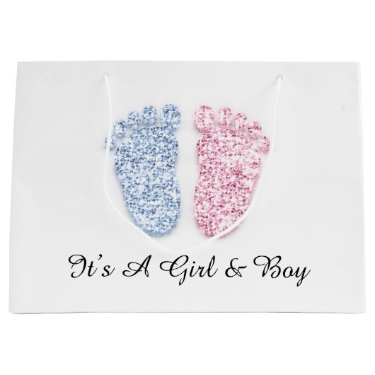 赤ちゃんシャワー足それが男の子の女の子ピンクブルーの双子 ラージペーパーバッグ (正面)