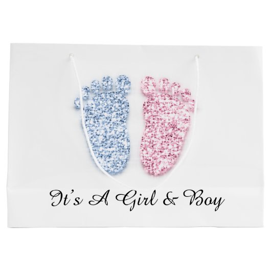 赤ちゃんシャワー足それが男の子の女の子ピンクブルーの双子 ラージペーパーバッグ (裏面)